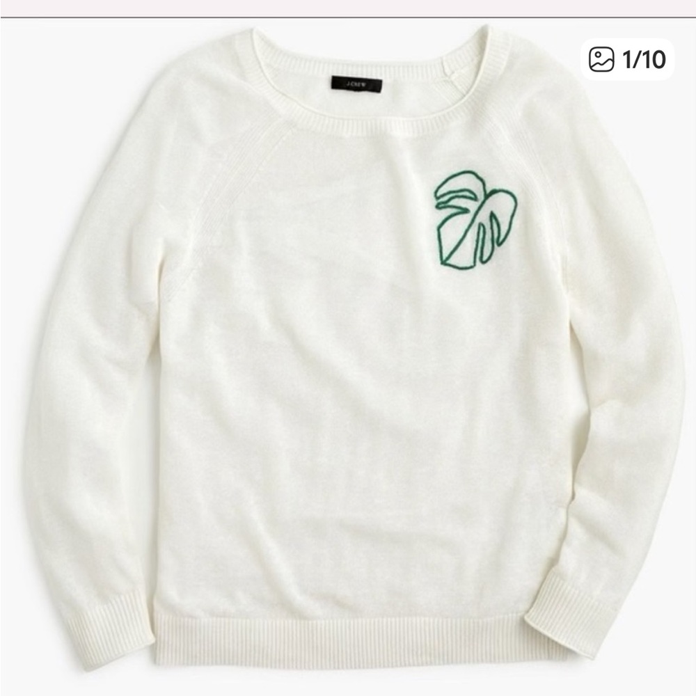 J. Crew summer weight linen blend crewneck Sweater with leaf  Embroidered Motif